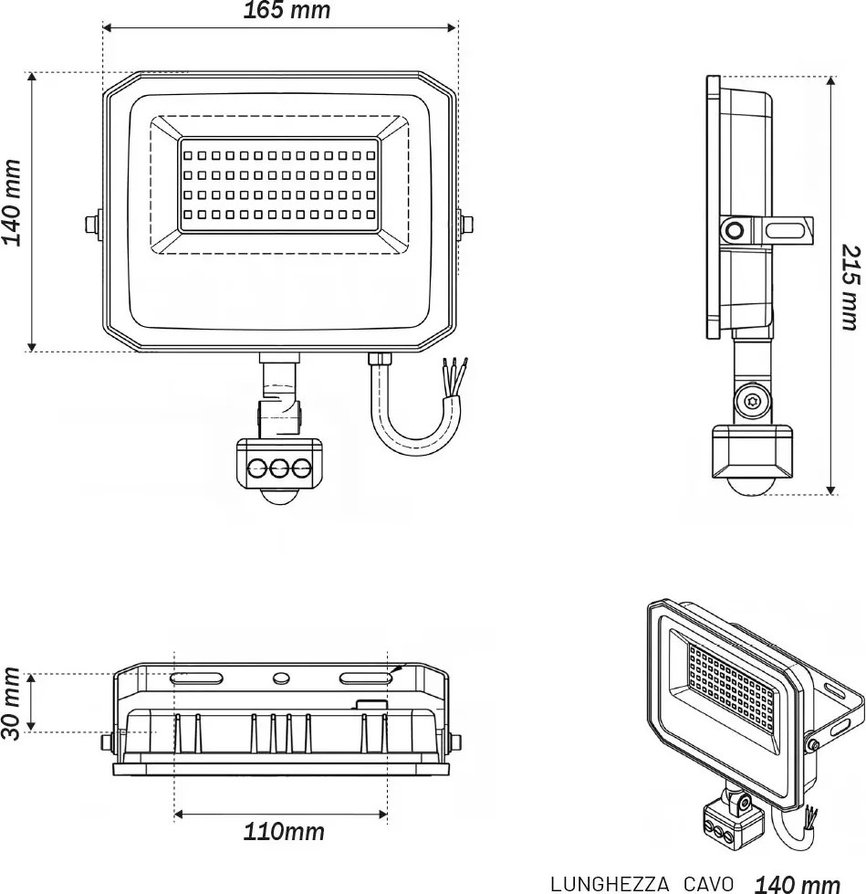 Faro LED 50W IP65 Nero con Sensore di Movimento e OSRAM chip LED Colore Bianco Caldo 3.000K