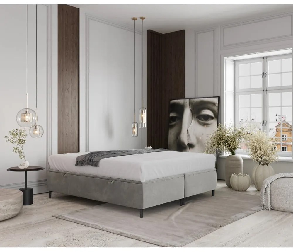 Letto matrimoniale imbottito grigio chiaro con contenitore 160x200 cm Tate - Maison de Rêve