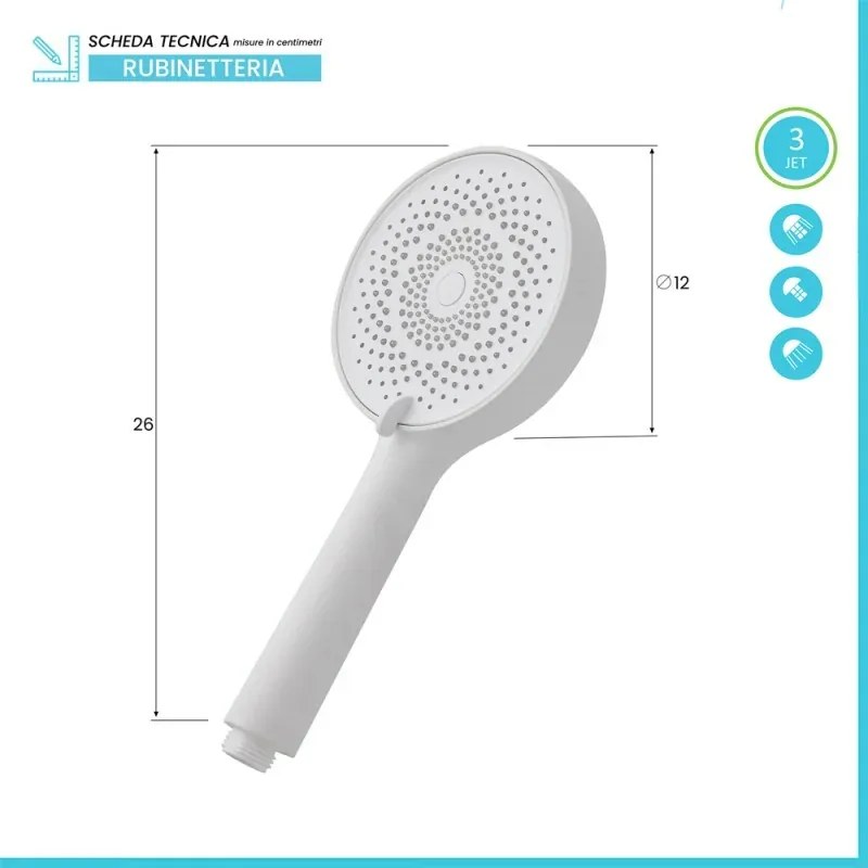 Doccetta tonda moderna 26cm bianco opaco a tre getti in ABS anticalcare Hidra