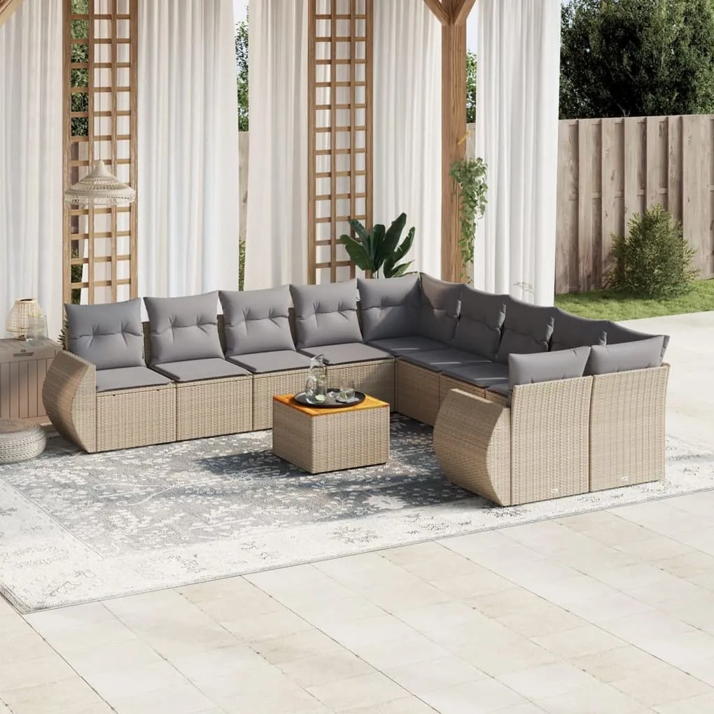 Set divani da giardino 11 pz con cuscini beige in polyrattan