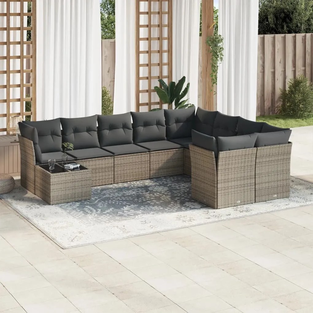 Set Divano da Giardino 10 pz con Cuscini Grigio in Polyrattan