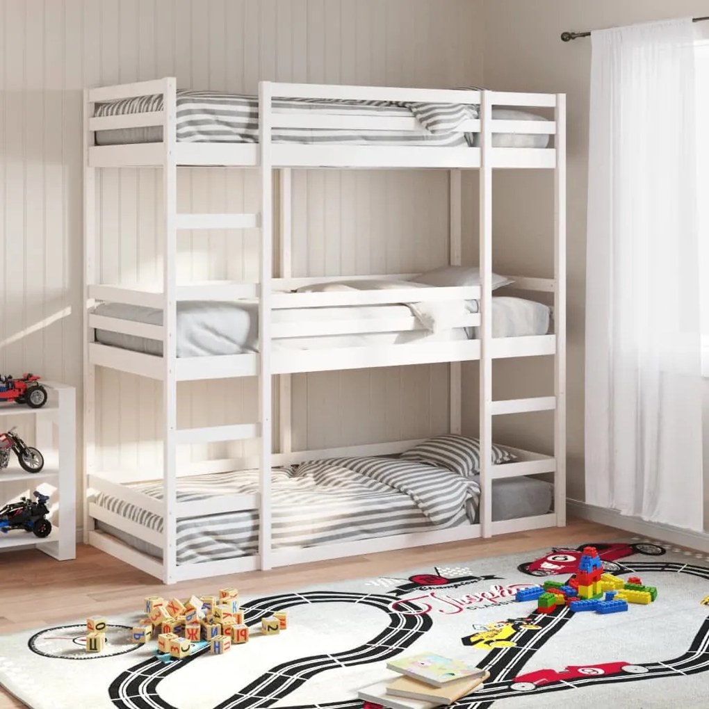 Letto A Castello Triplo Bianco 75x190 Cm Legno Massello Di Pino /