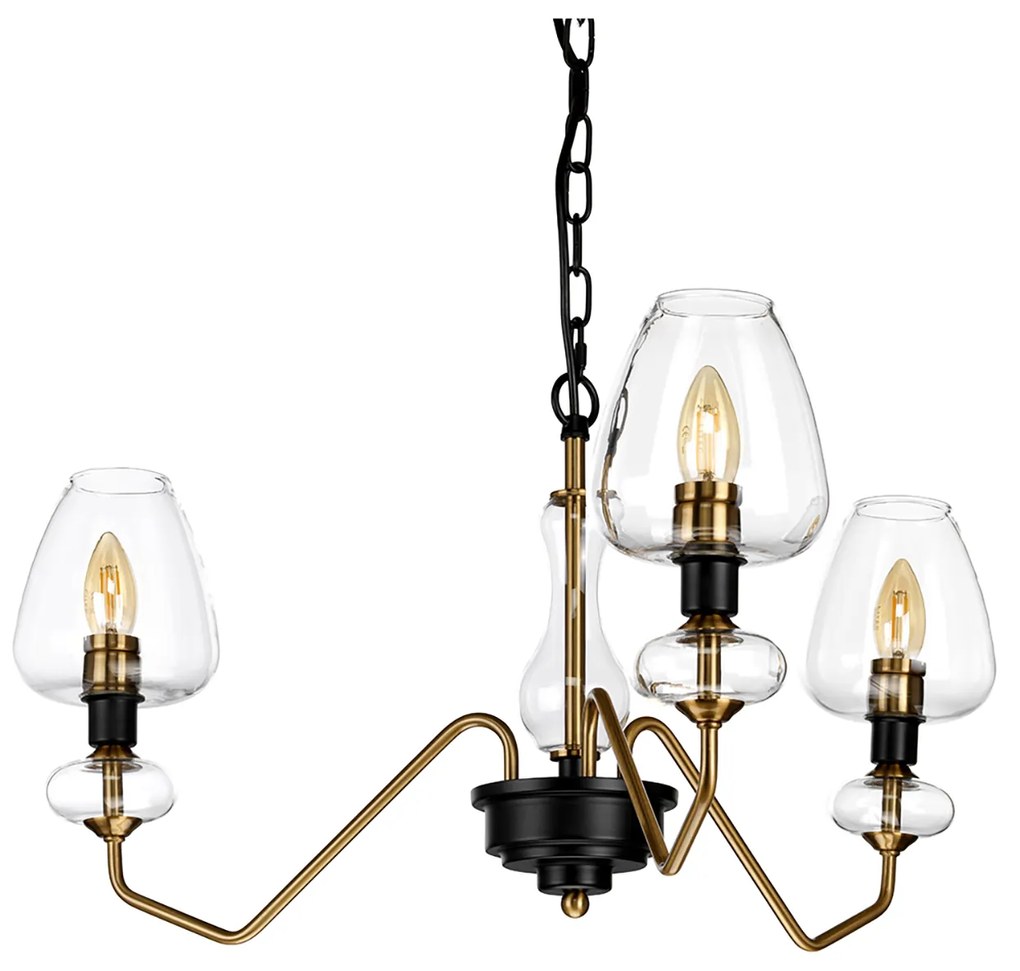 Lampadario Armand Acciaio Ottone Antico Nero Carbone Vetro Nero 3 Luci E14