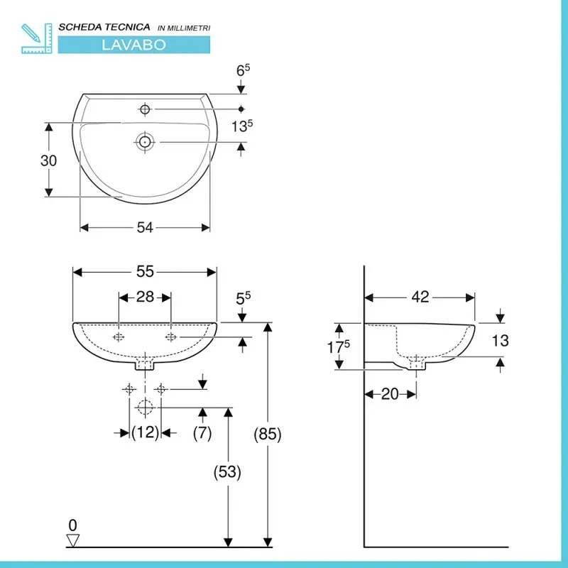 Lavabo sospeso 55 cm Geberit in ceramica lucida Colibrì