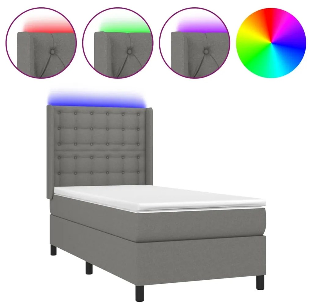 Letto a molle materasso e led grigio scuro 90x190 cm in tessuto