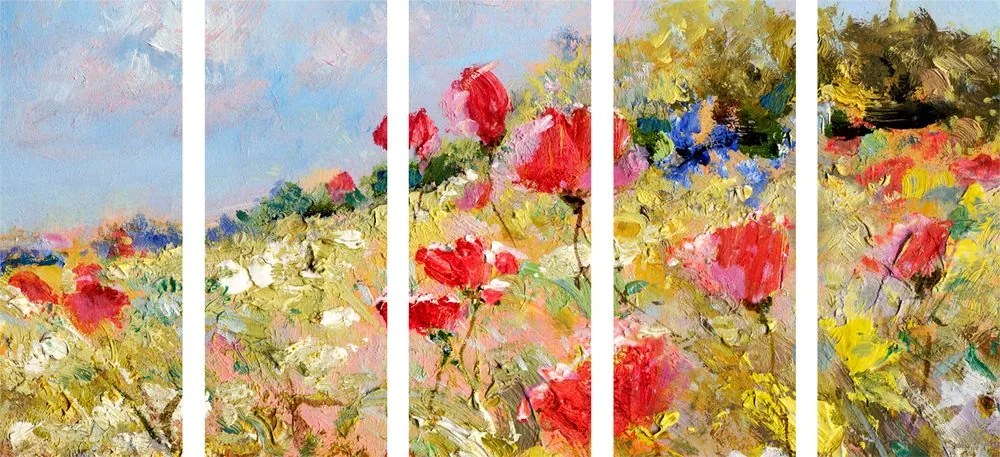 Quadri 5 pezzi – Papaveri dipinti sul prato
