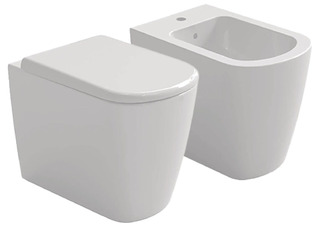 Coppia Di Sanitari a Terra Senza Brida Azzurra Ceramica "Aurea" Bianco Lucido