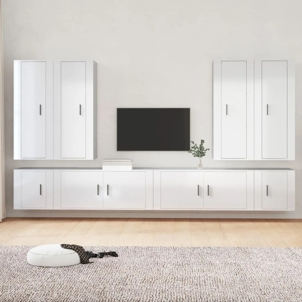 Set Mobili Porta Tv 8pz Bianco Lucido İn Legno Multistrato /