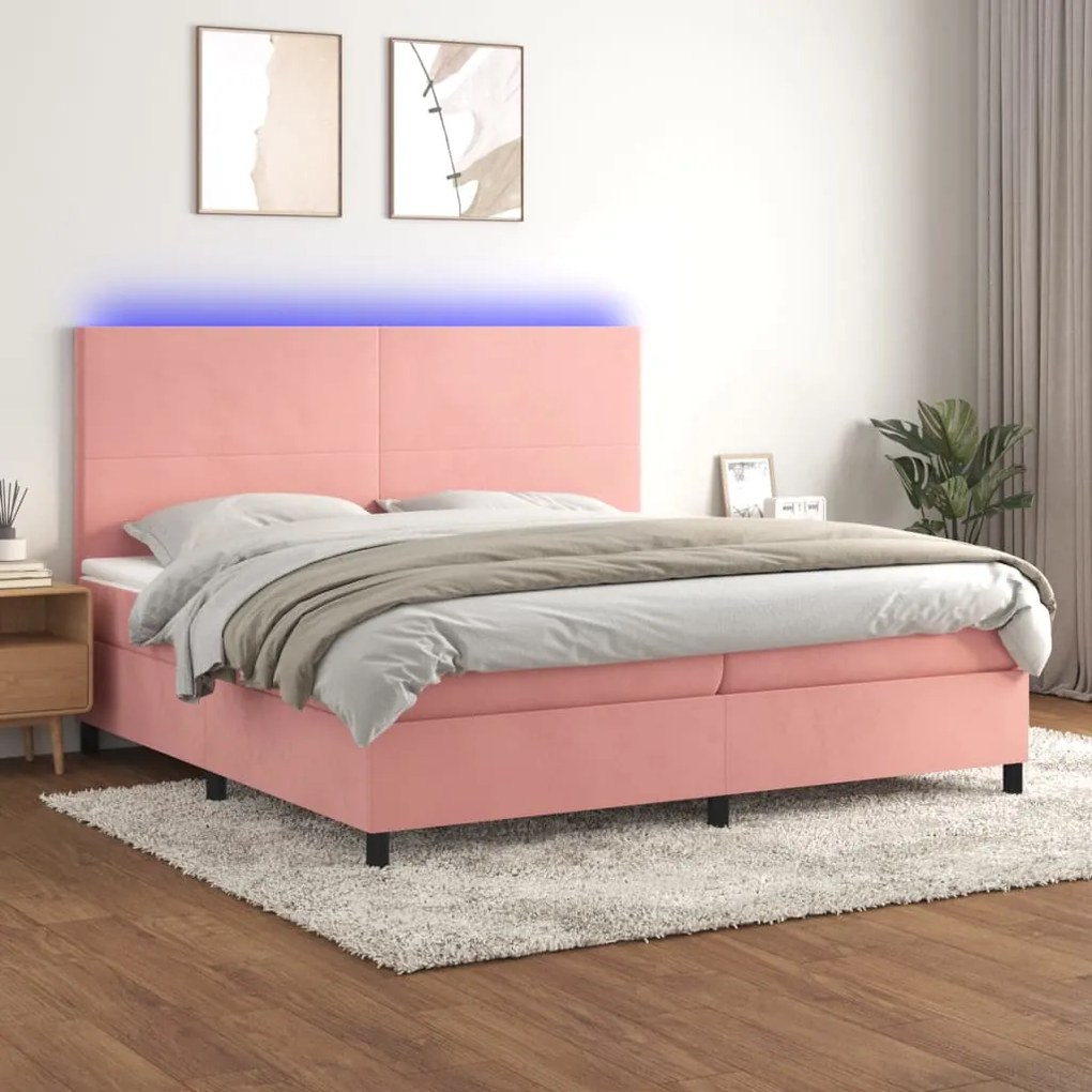 Letto a molle con materasso e led rosa 200x200 cm in velluto