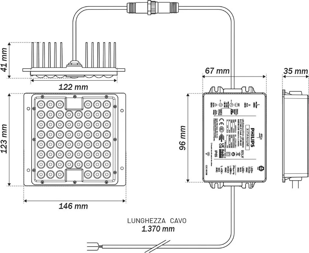 Modulo LED 65W IP66 Dimmerabile 1-10V con driver Philips Xitanium Colore Bianco Caldo 3.000K