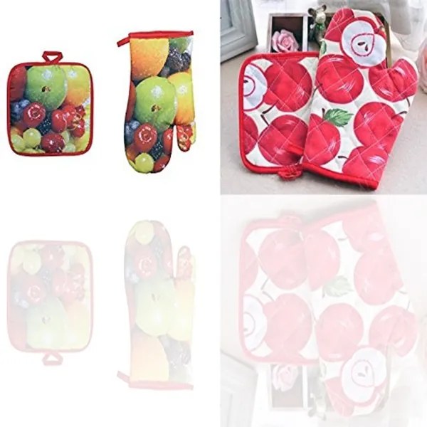 Trade Shop - Set 2 Guanti Guanto Da Forno + 2 Presine Da Cucina In Cotone Fornetto Teglie