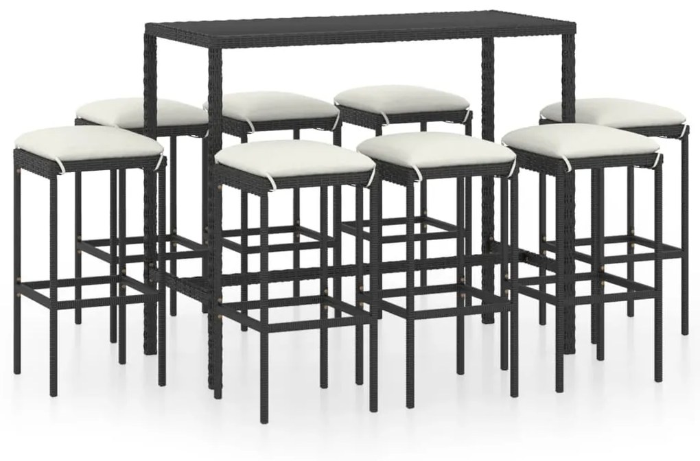 Set da bar da giardino 9 pz con cuscini in polyrattan nero