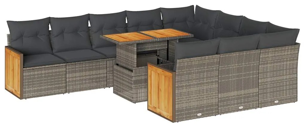 Set divani giardino 11 pz con cuscini polyrattan acacia grigio