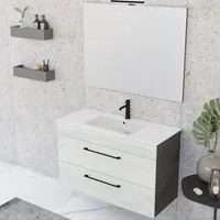 Composizione bagno sospesa Smack a 2 cassetti 100x62 con lavabo, specchio con lampada LED olmo bianco e cemento