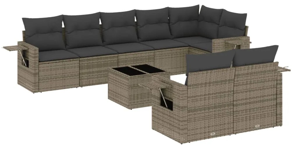 Set divano da giardino 9 pz con cuscini grigio in polyrattan