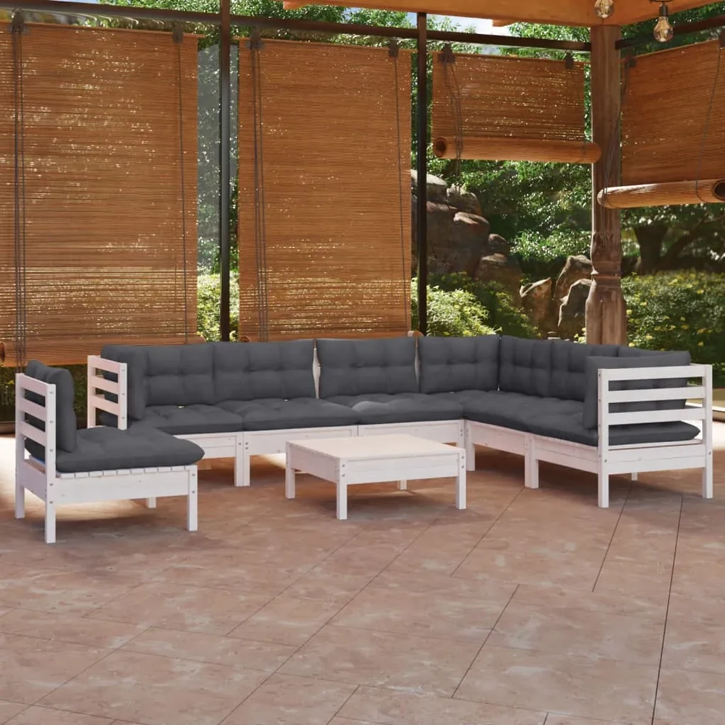 Set divani da giardino 8 pz con cuscini bianchi legno di pino