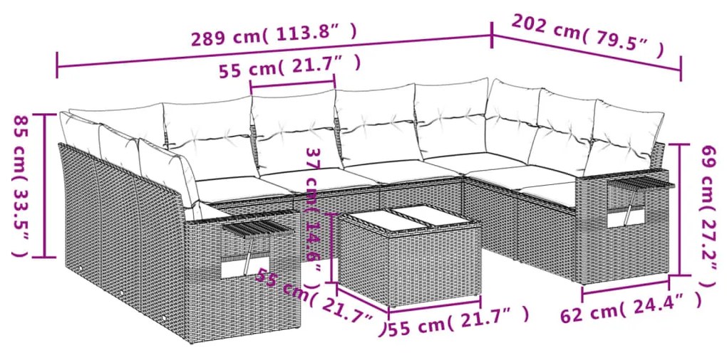 Set Divani da Giardino 10pz con Cuscini in Polyrattan Nero