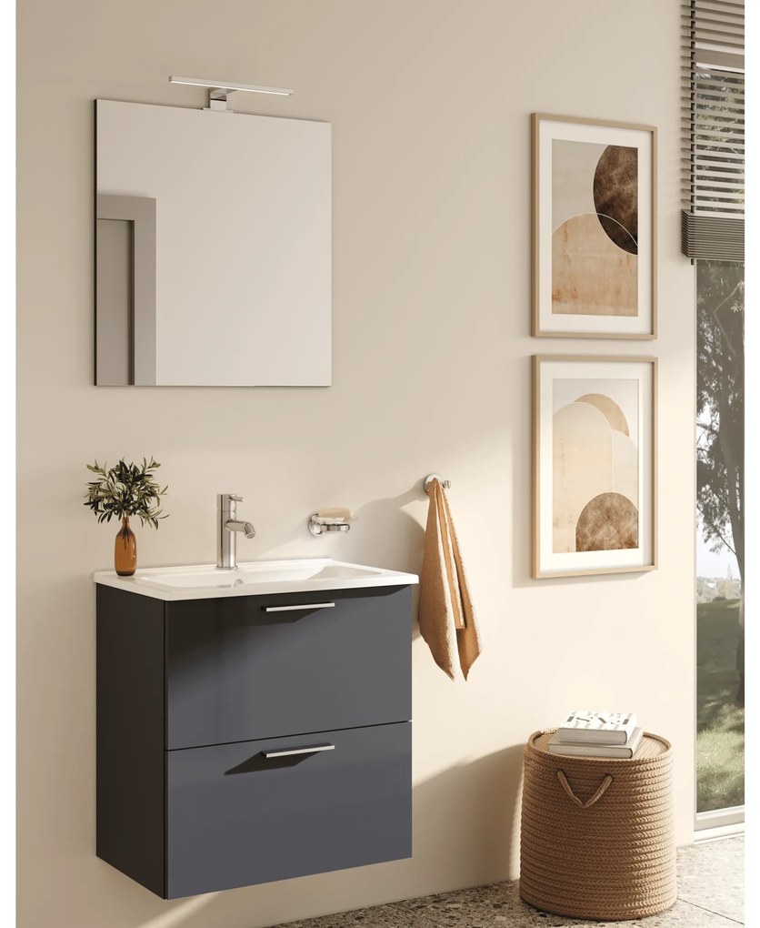 Mobile Bagno Sospeso 60 Cm Due Cassetti Specchio Con Lampada Led 62x58,5 Cm Vitra "Mia" Antracite