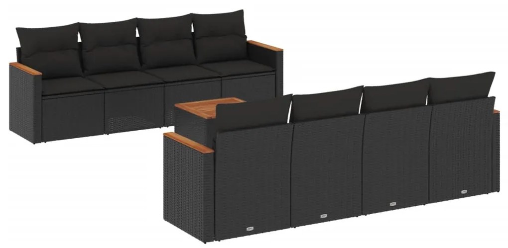 Set divani da giardino 9 pz con cuscini nero in polyrattan