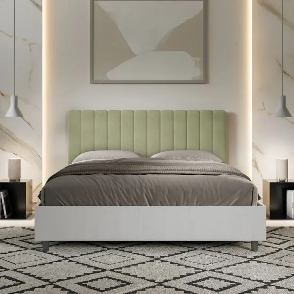 Letto contenitore da 160x200 in legno bianco e testata in microfibra tč verde Kaia