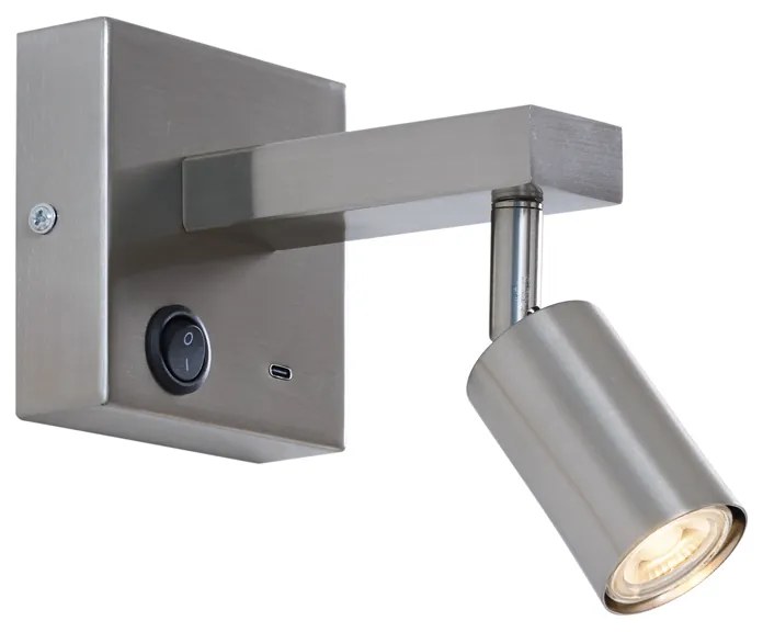 Lampada da parete moderna in acciaio con USB-C inclinabile - Rex