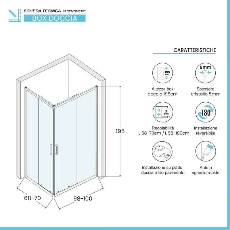 Box doccia angolare 70x100 cm doppio scorrevole vetro trasparente   Tay