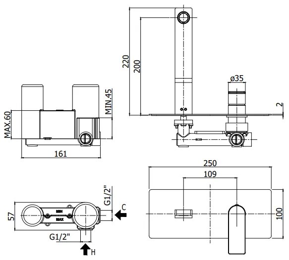 Paffoni Tango Ta106cr Miscelatore lavabo Incasso 2 Fori Piastra Rettangolare E Bocca 24 cm Cromo