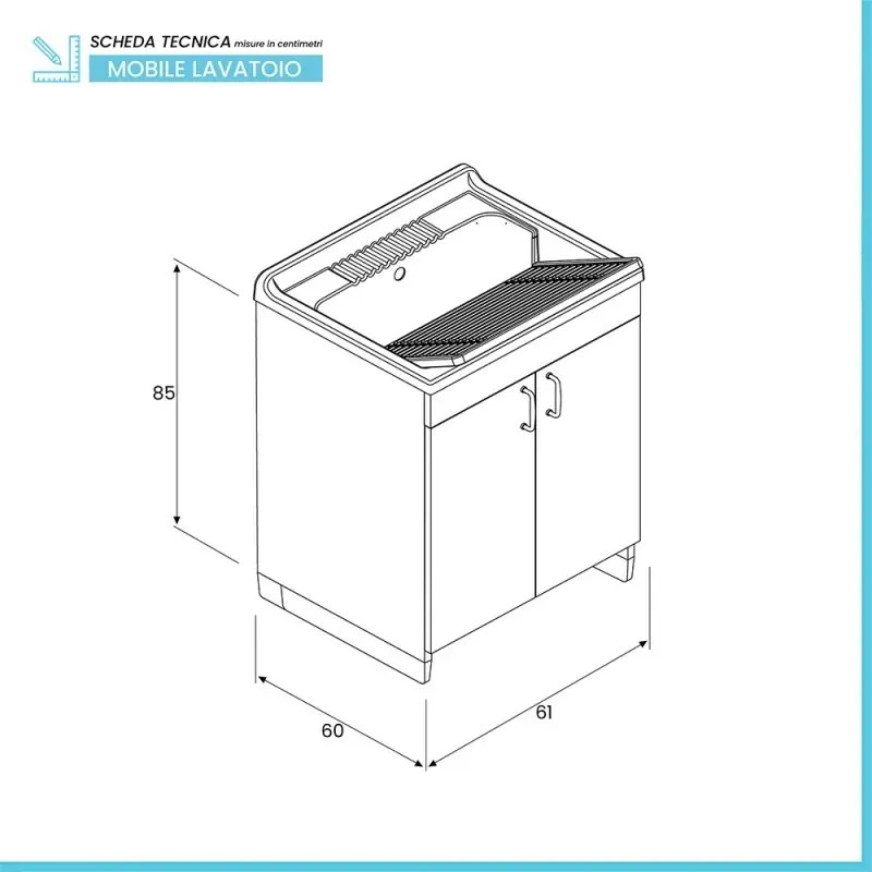 Mobile lavatoio 60x60 cm bianco in kit di montaggio con vasca e asse Ikaro