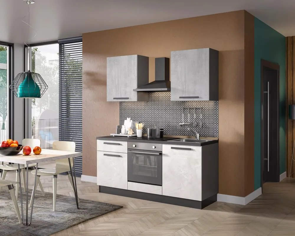 Cucina montata Dora bianco e grigio chiaro, lavello reversibile , L.180 cm, completa di: cappa a camino, piano cottura a induzione e forno