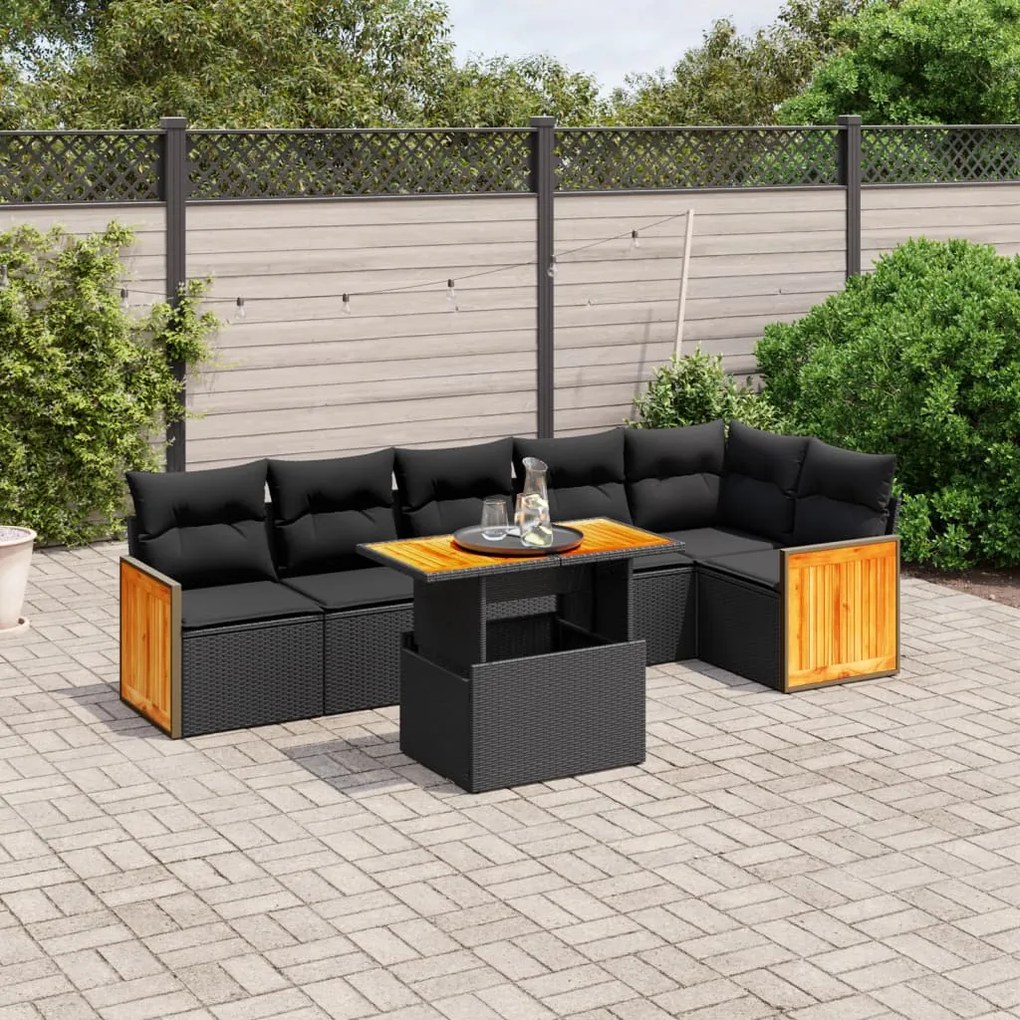 Set divani da giardino con cuscini 7pz nero polyrattan