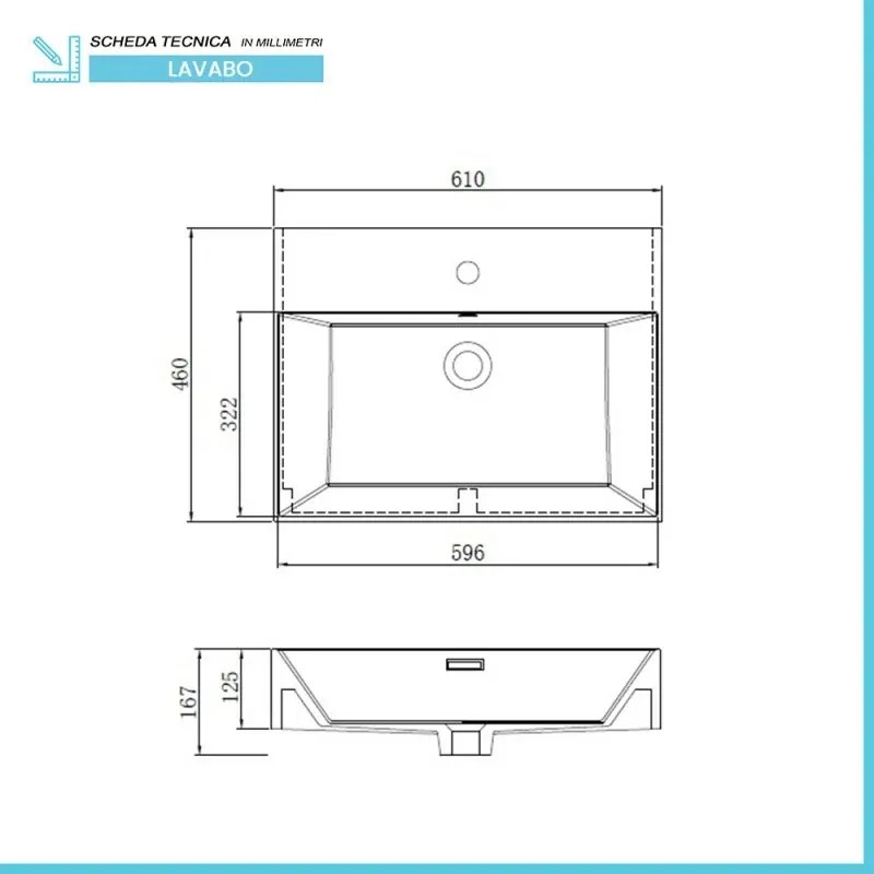 Lavabo sospeso rettangolare in resina 60 cm bianco lucido Loto
