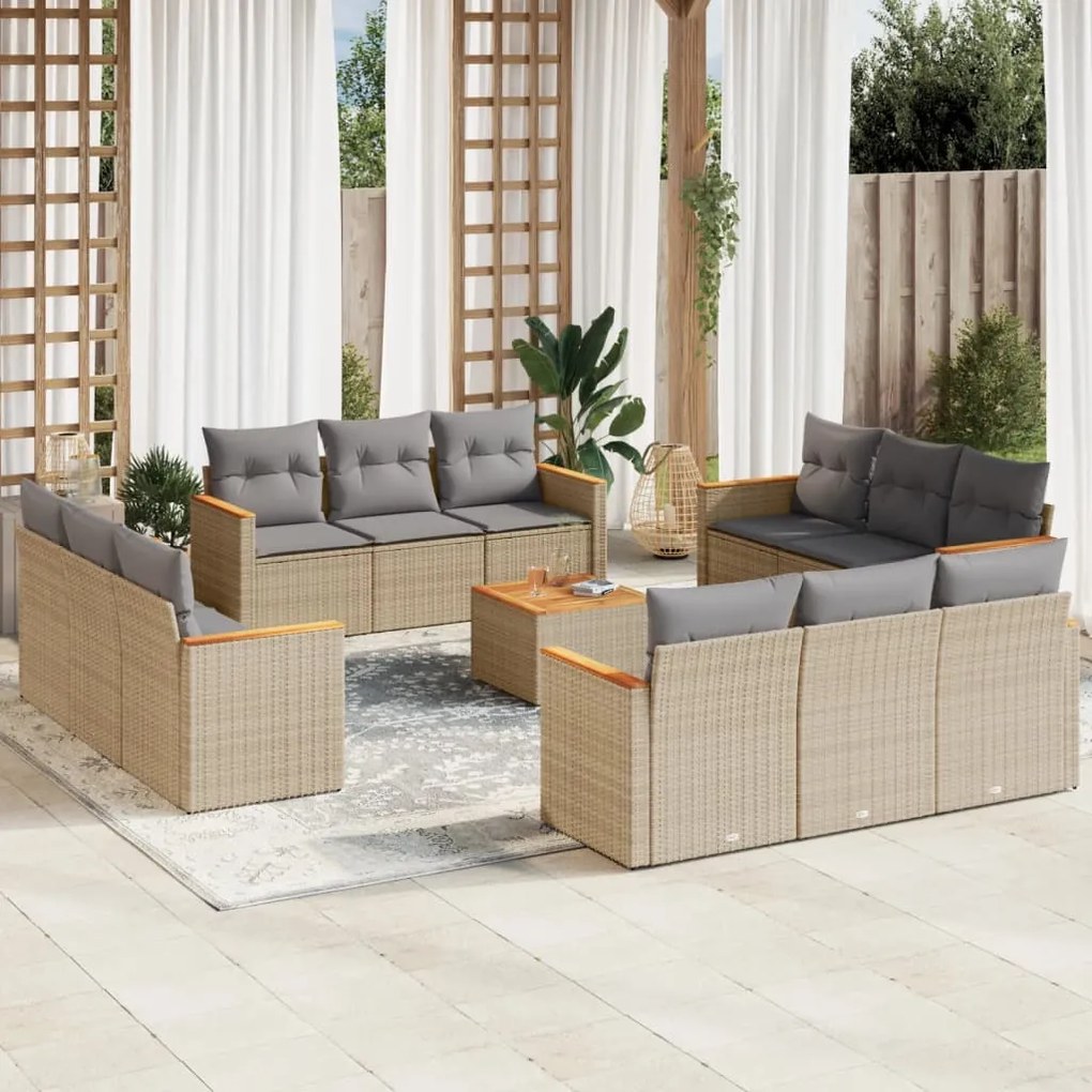 Set Divano da Giardino 13 pz con Cuscini Beige Misto Polyrattan