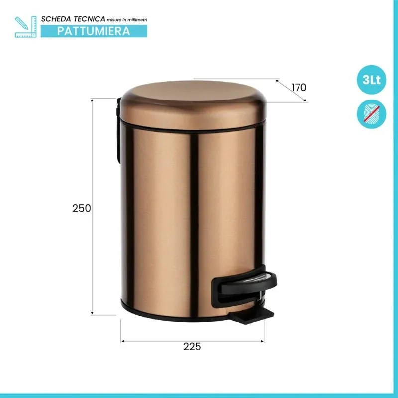Cestino portarifiuti in acciaio inox rame 3 lt con pedale