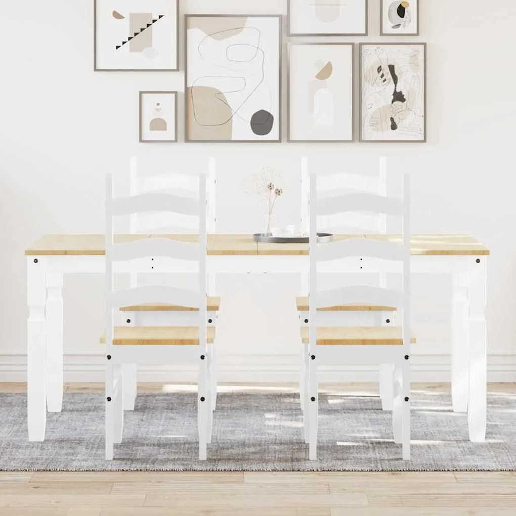 Set Da Pranzo 5 Pz Panama Bianco İn Legno Massello Di Pino /