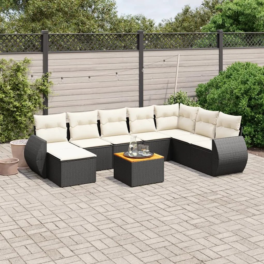 Set Divani da Giardino 9 pz con Cuscini Nero in Polyrattan