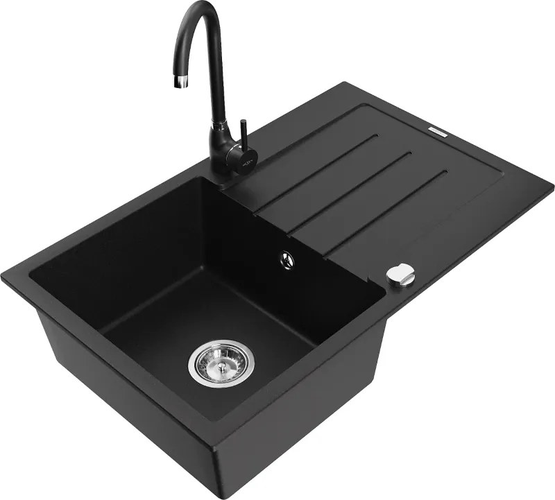 Mexen Bruno lavello da cucina in granito a 1 vasca con scolapiatti e miscelatore Telma, nero - 6513-77-670200-70
