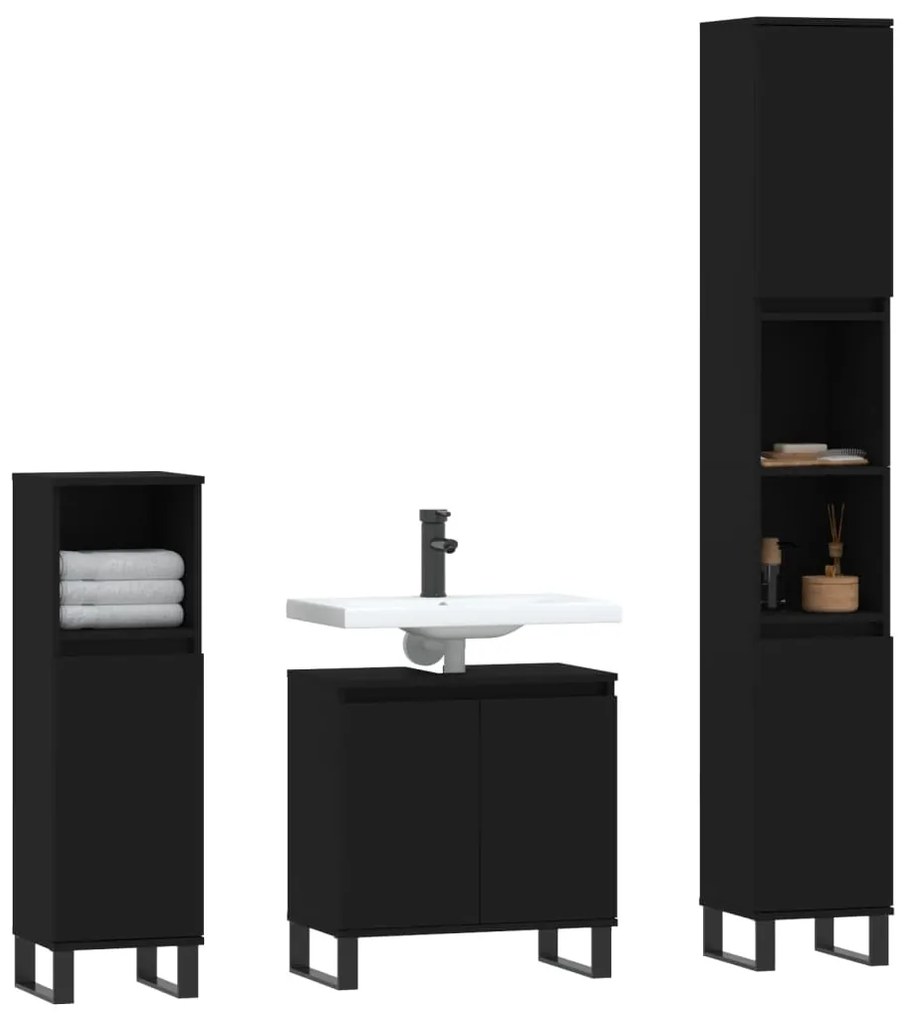 Set di mobili da bagno 3 pz nero in legno multistrato