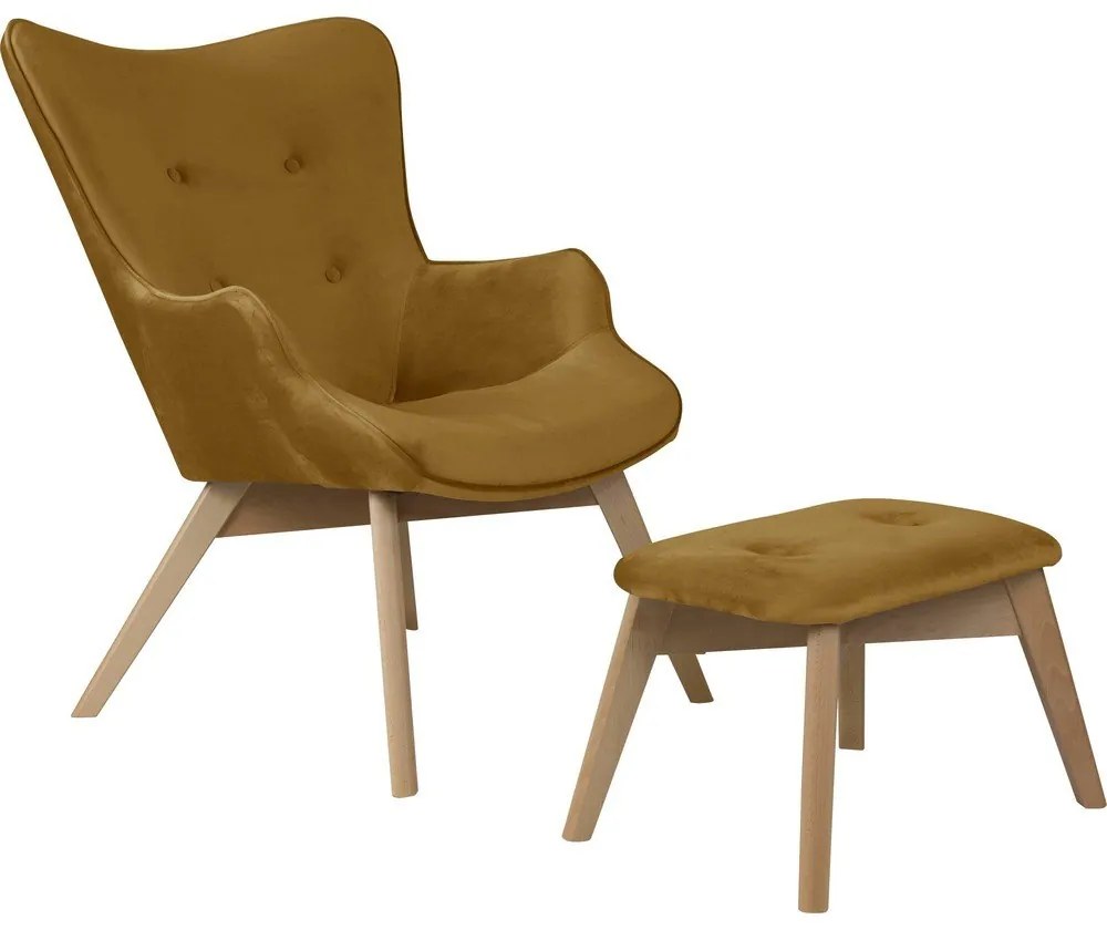 Poltrona con poggiapiedi color senape con rivestimento in velluto Niko – Ropez