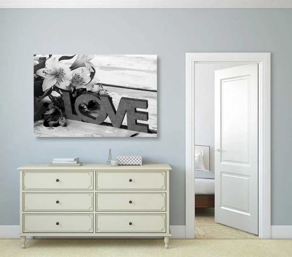Quadro su tela – Con scritta in legno Love in bianco e nero