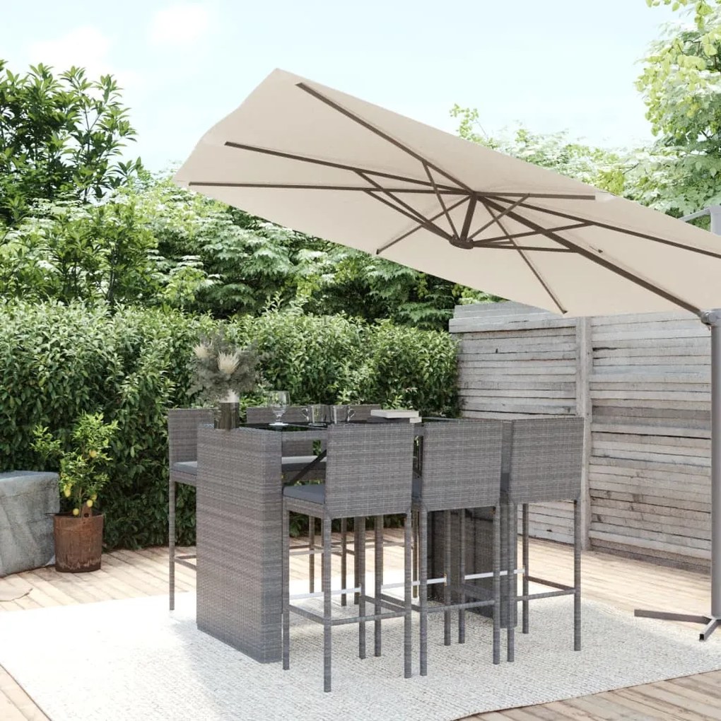 Set Bar da Giardino 7 pz con Cuscini in Polyrattan Grigio