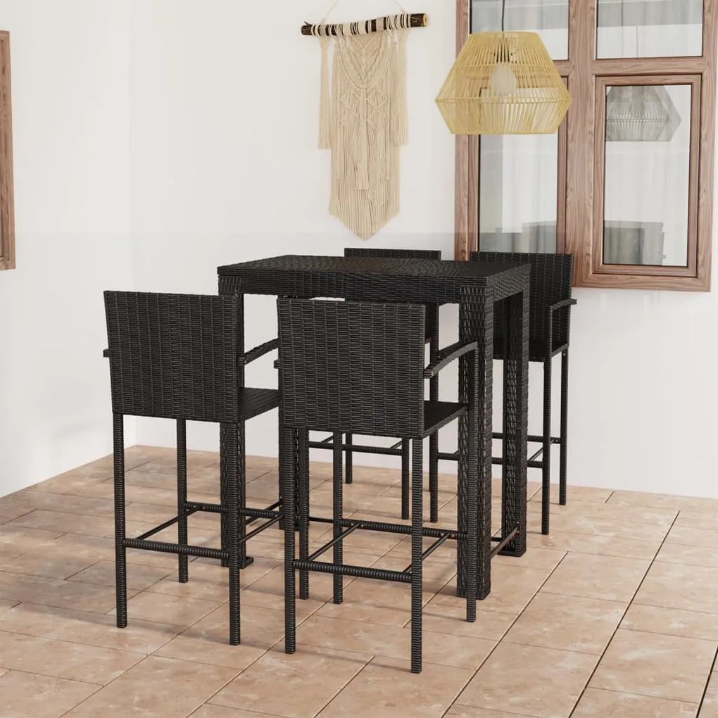 Set bar da giardino 5 pz con braccioli in polyrattan nero