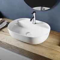 Lavabo da appoggio ovale in ceramica bianco lucido serie DRV cm 60,5x40 con foro rubinetto