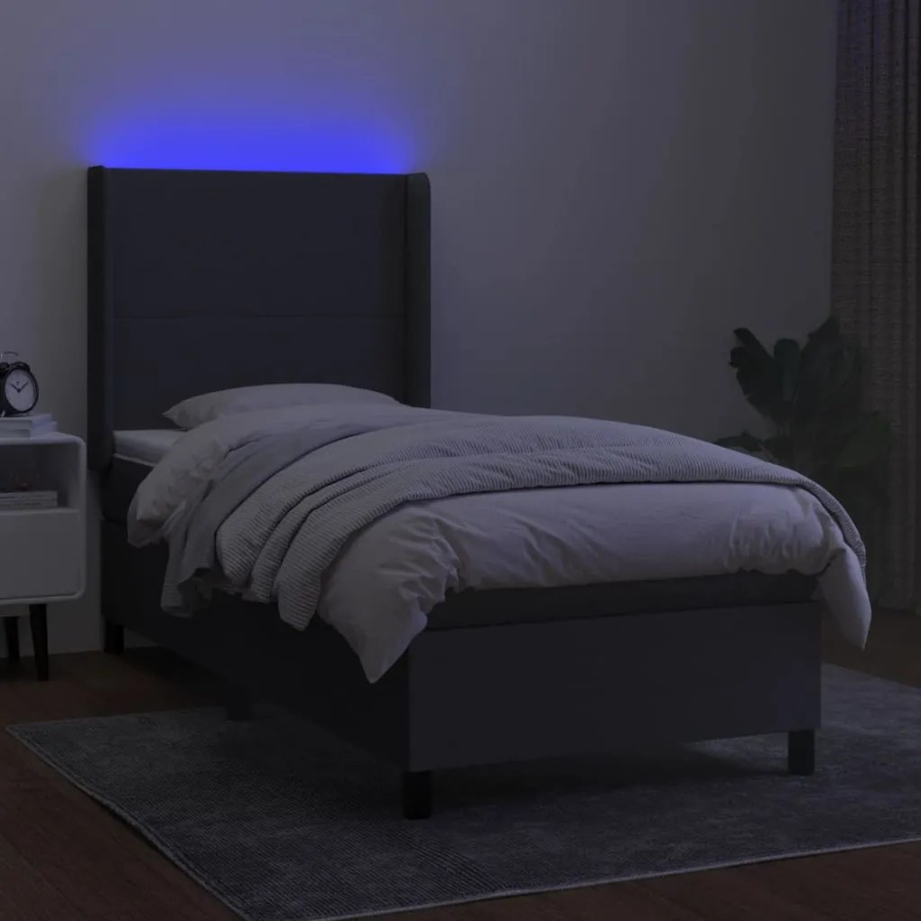 Letto a molle materasso e led grigio scuro 90x200 cm in tessuto