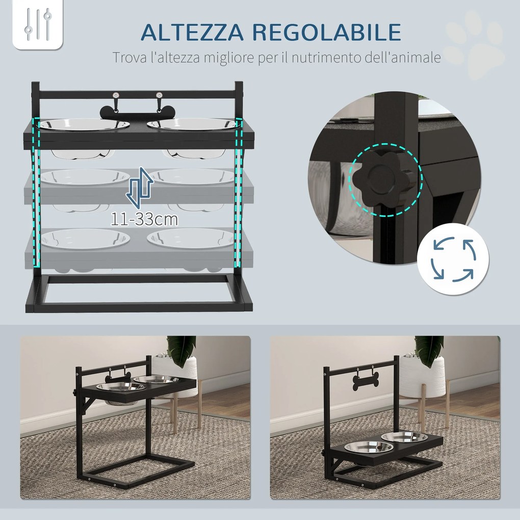 Portaciotole per Cani Rialzata con Altezza Regolabile 40,5x22x39 cm 2 Ciotole in Acciaio da 900ml Nero...