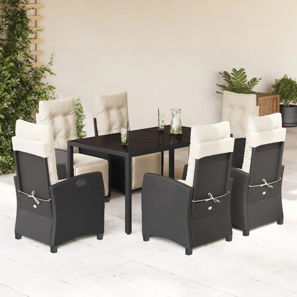 Set da pranzo da giardino 7 pz nero con cuscini in polyrattan