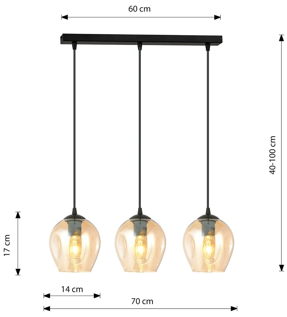 Lampadario 3 Luci Fuxi In Acciaio Nero E Vetri Ambra