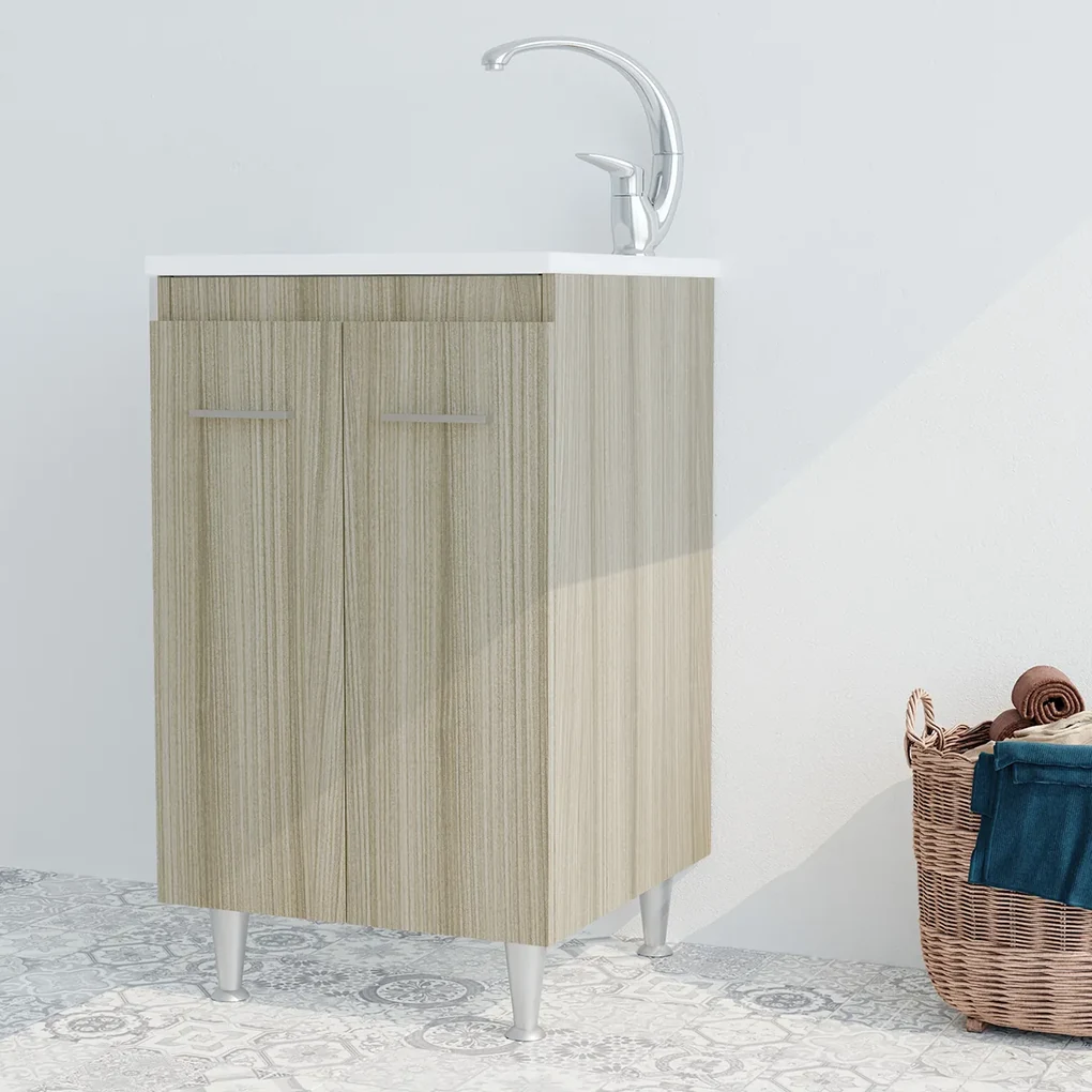 Mobile lavatoio 45x50 bianco con vasca in resina completo di asse lavapanni