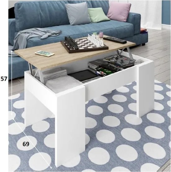Tavolino Da Salotto Con Piano Elevabile 50x100x45 Cm Rovere E Bianco