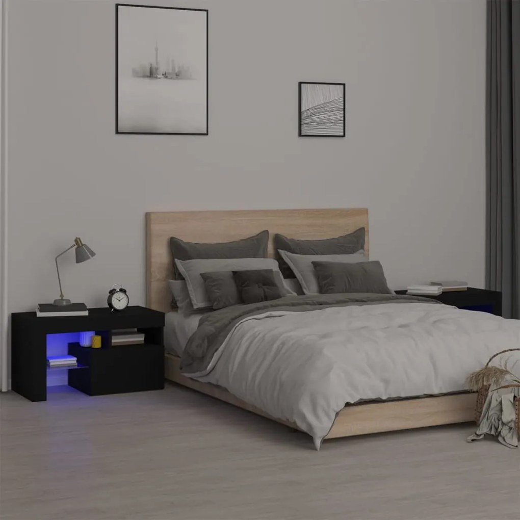 Comodini 2 Pz Con Luci A Led Neri 70x36,5x40 Cm /