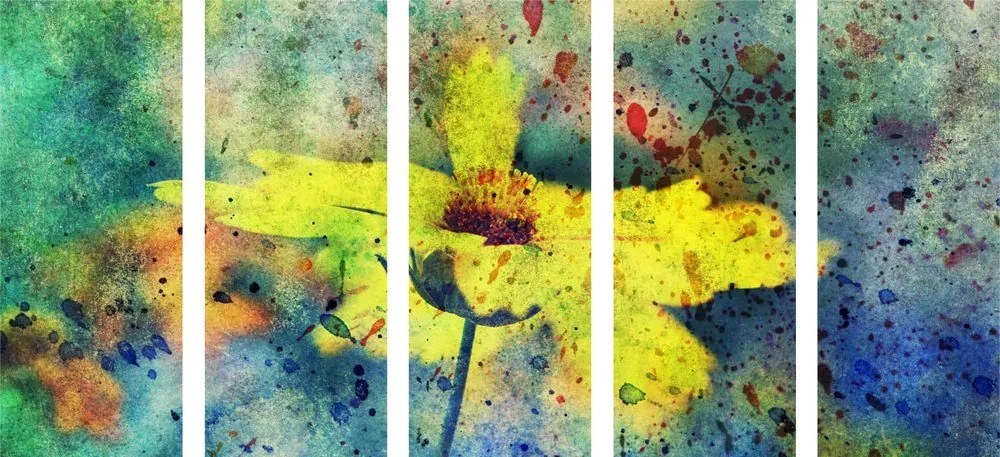 Quadri 5 pezzi – Fiore giallo con tocco vintage